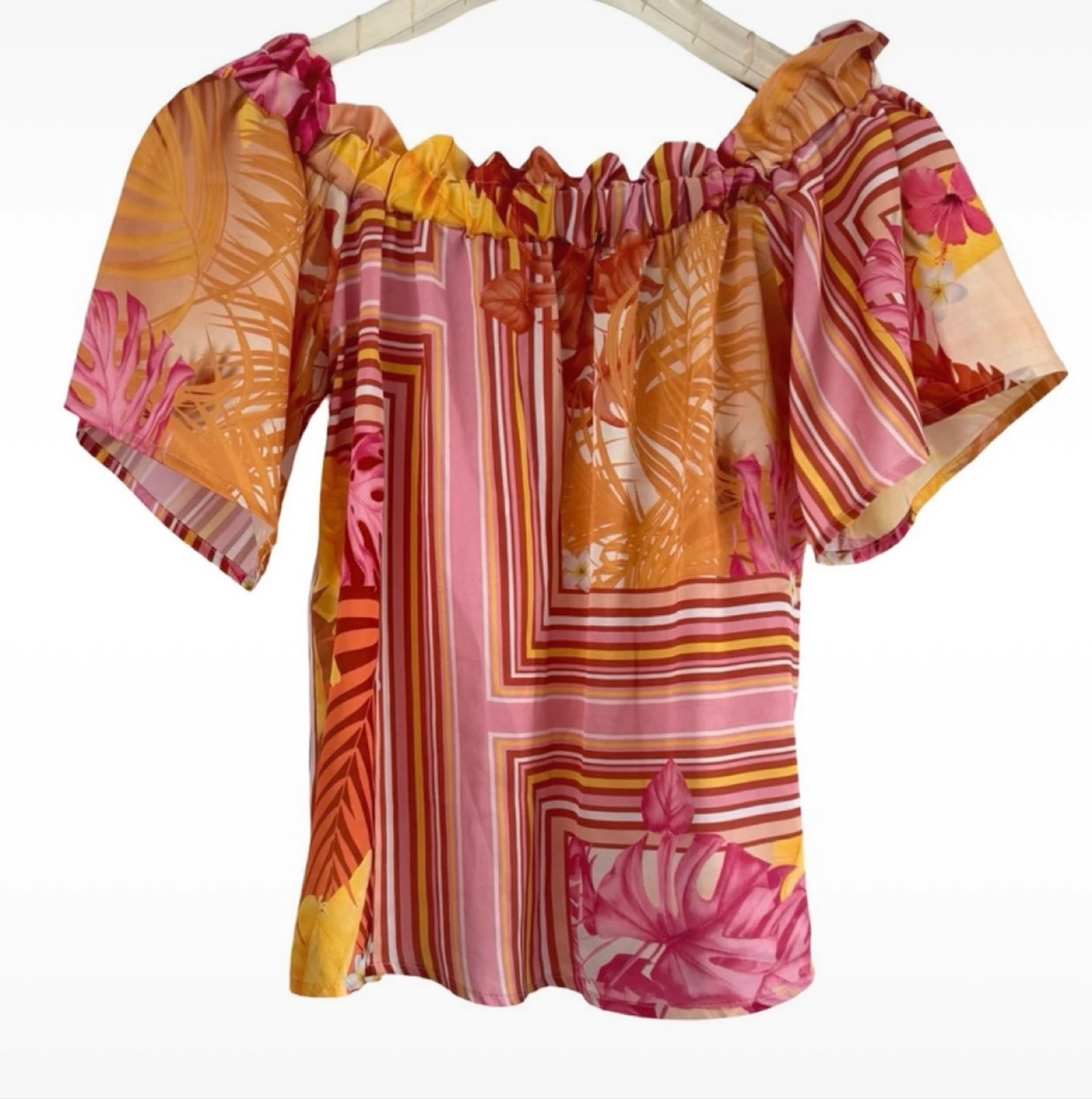 Top off-shoulder Rinascimento tamanho PP com estampa rosa e laranja Made in Italy – photo 4